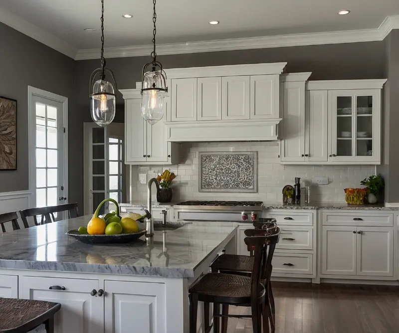 کابینت سفید طوسی با جزیره آشپزخانه