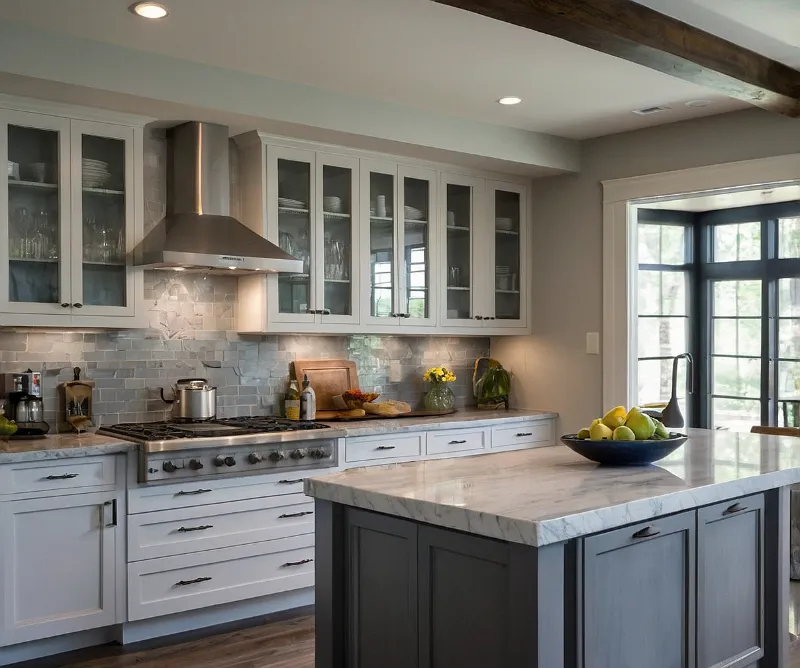 کابینت سفید طوسی با جزیره آشپزخانه