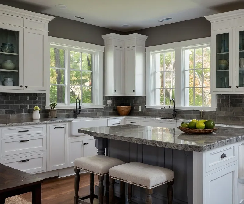 کابینت سفید طوسی با جزیره آشپزخانه