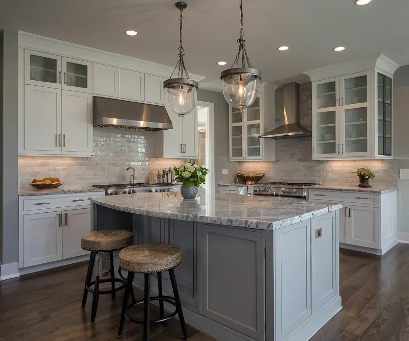 کابینت سفید طوسی با جزیره آشپزخانه