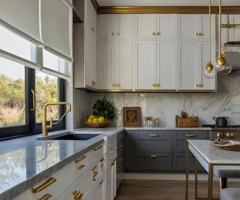 کابینت سفید طوسی با دستگیره‌های طلایی