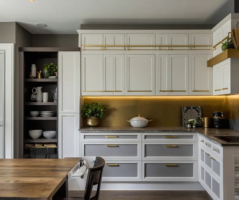 کابینت سفید طوسی با دستگیره‌های طلایی