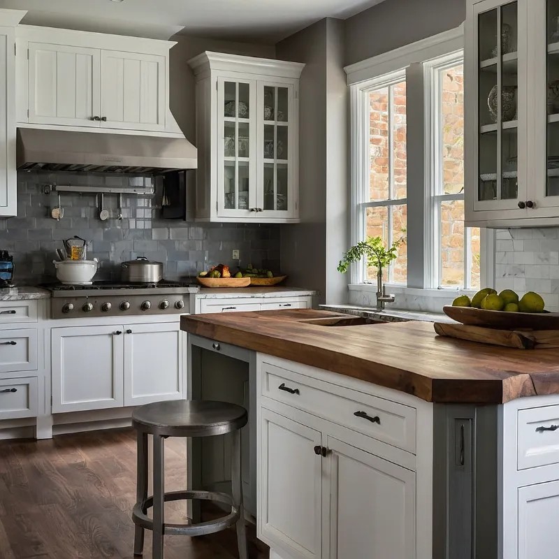 کابینت سفید طوسی با صفحه رویی چوبی