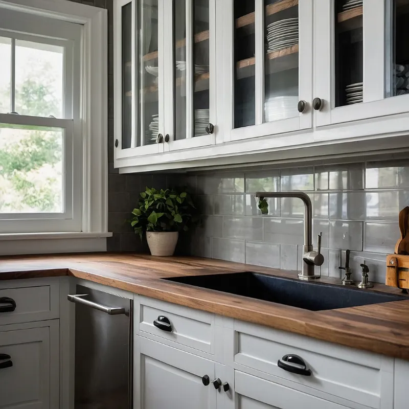 کابینت سفید طوسی با صفحه رویی چوبی