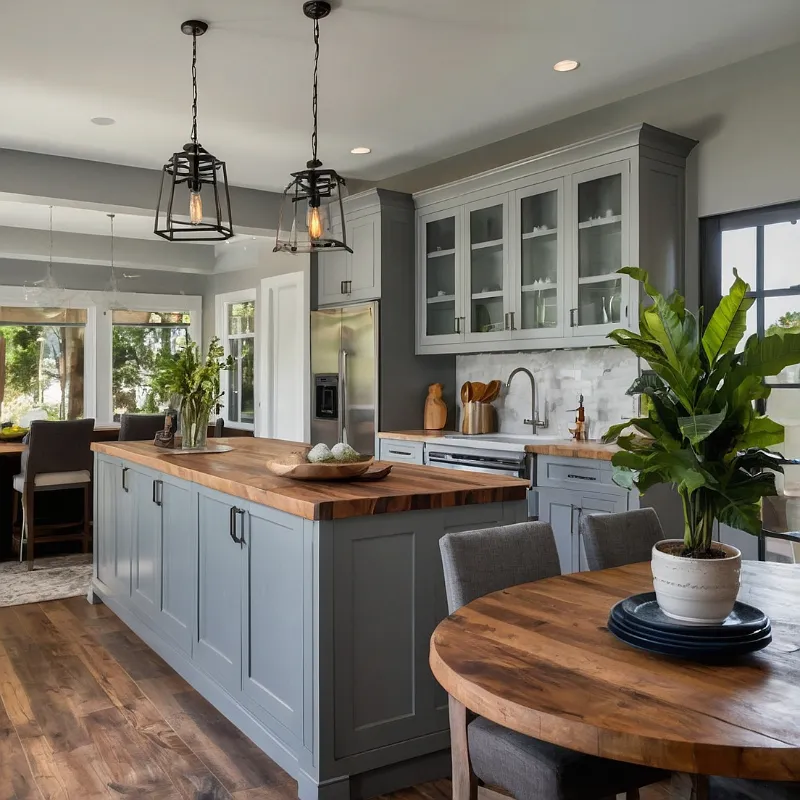 کابینت سفید طوسی با صفحه رویی چوبی