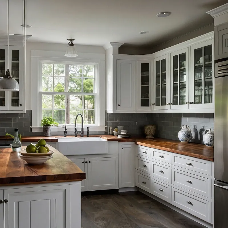 کابینت سفید طوسی با صفحه رویی چوبی