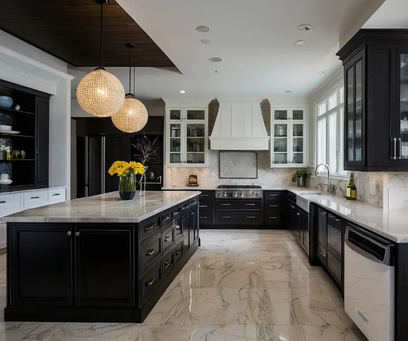 کابینت سفید مشکی جزیره‌ای