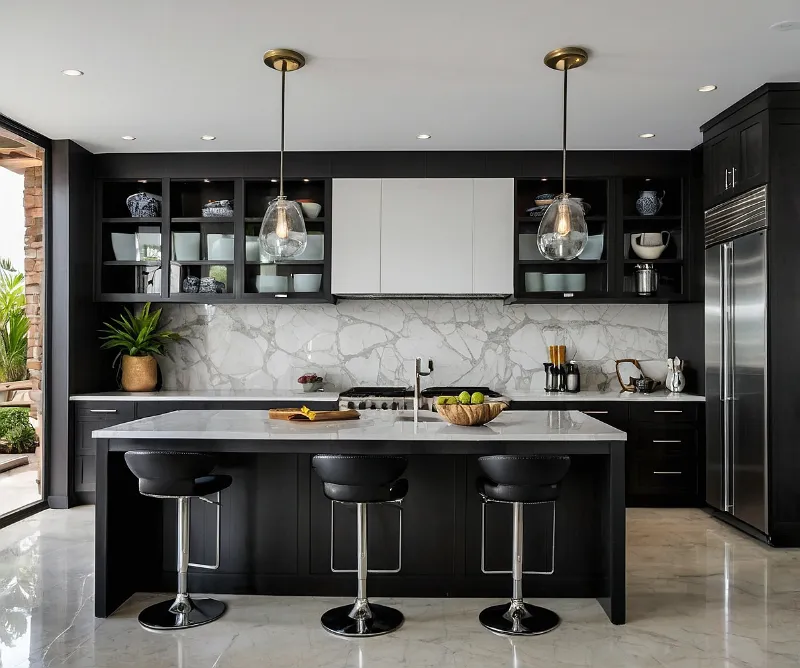 کابینت سفید مشکی جزیره‌ای