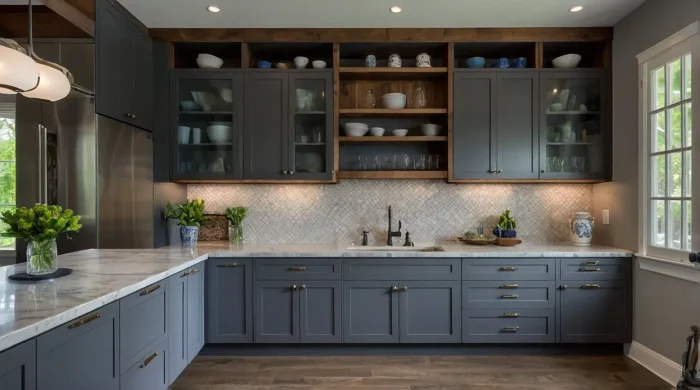 بنر کابینت طوسی و چوب