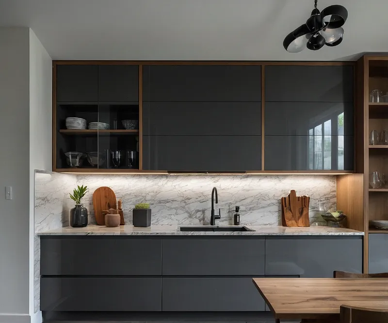 کابینت طوسی و طرح چوب