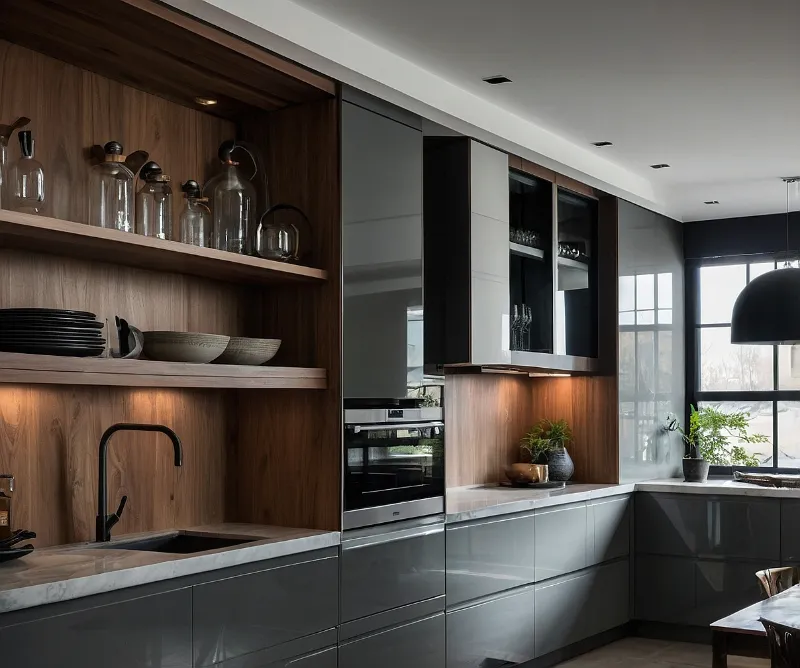 کابینت های گلاس طوسی و طرح چوب