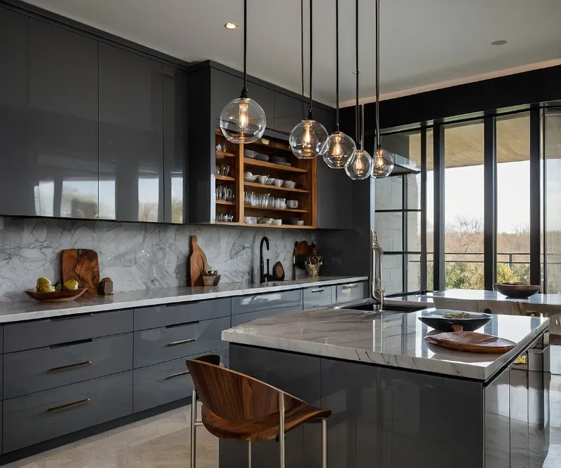 کابینت های گلاس طوسی و طرح چوب