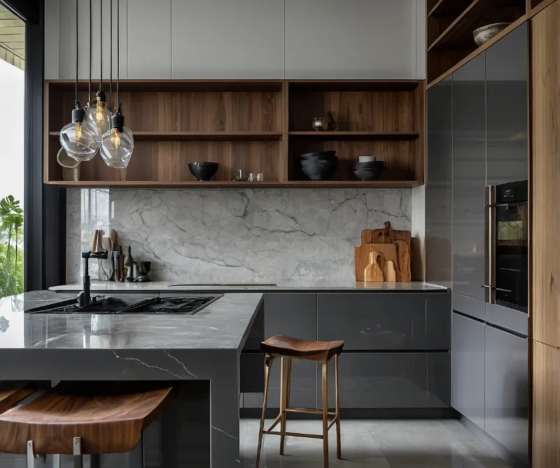 کابینت های گلاس طوسی و طرح چوب