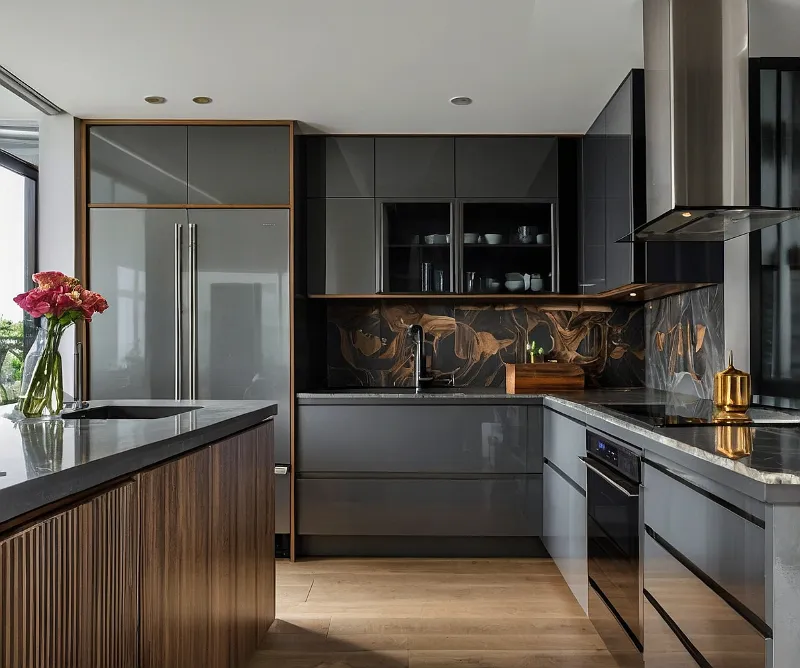 کابینت های گلاس طوسی و طرح چوب