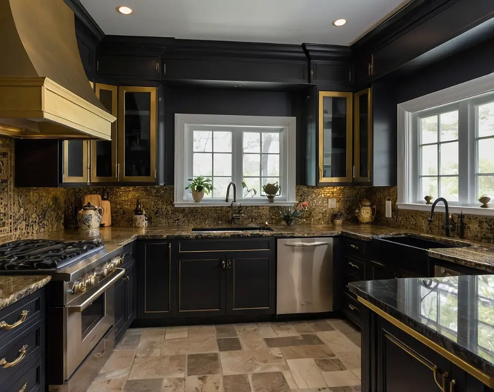 کابینت آشپزخانه مشکی طلایی (3) کابینت آشپزخانه مشکی طلایی