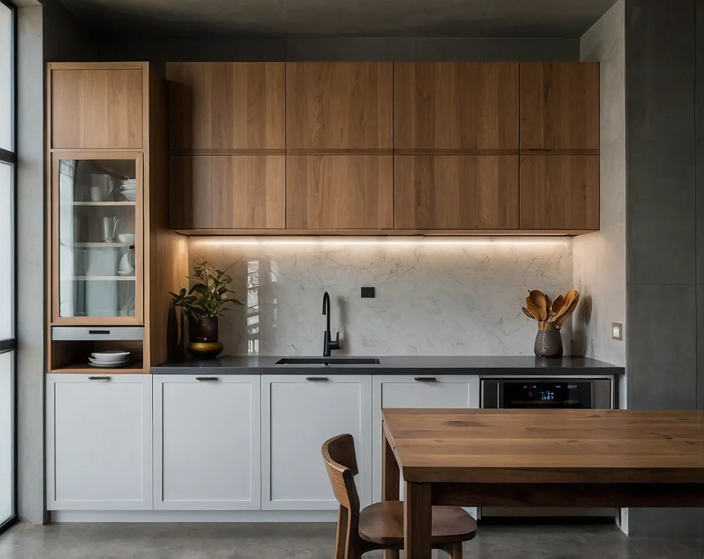 کابینت آشپزخانه کوچک بدون اپن سفید و چوب