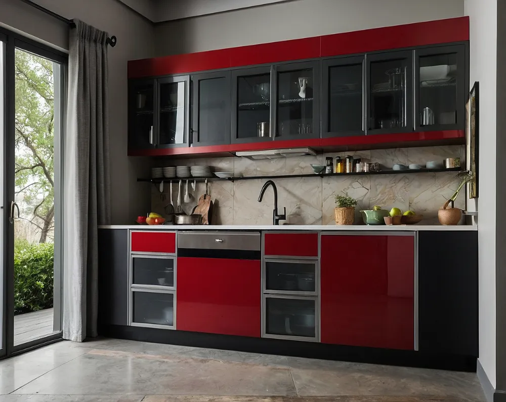 کابینت آشپزخانه کوچک بدون اپن قرمز مشکی