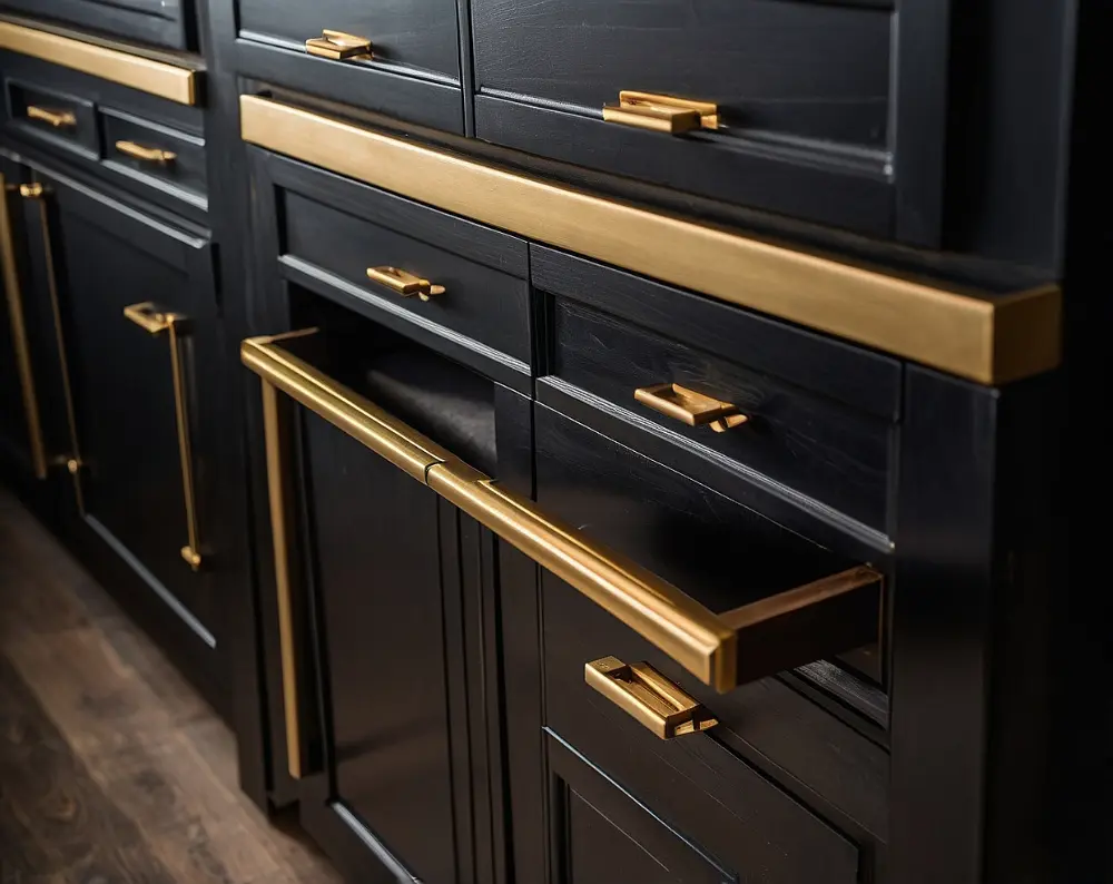 کابینت مشکی با دستگیره‌های طلایی