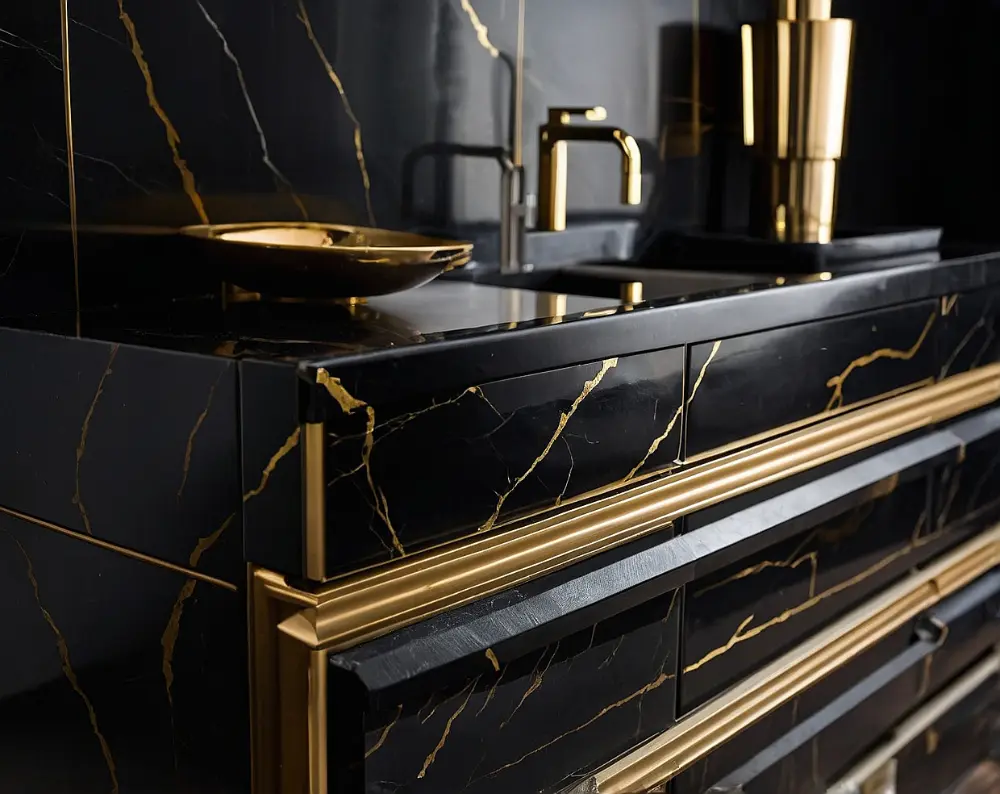 کابینت مشکی با رگه‌های طلایی