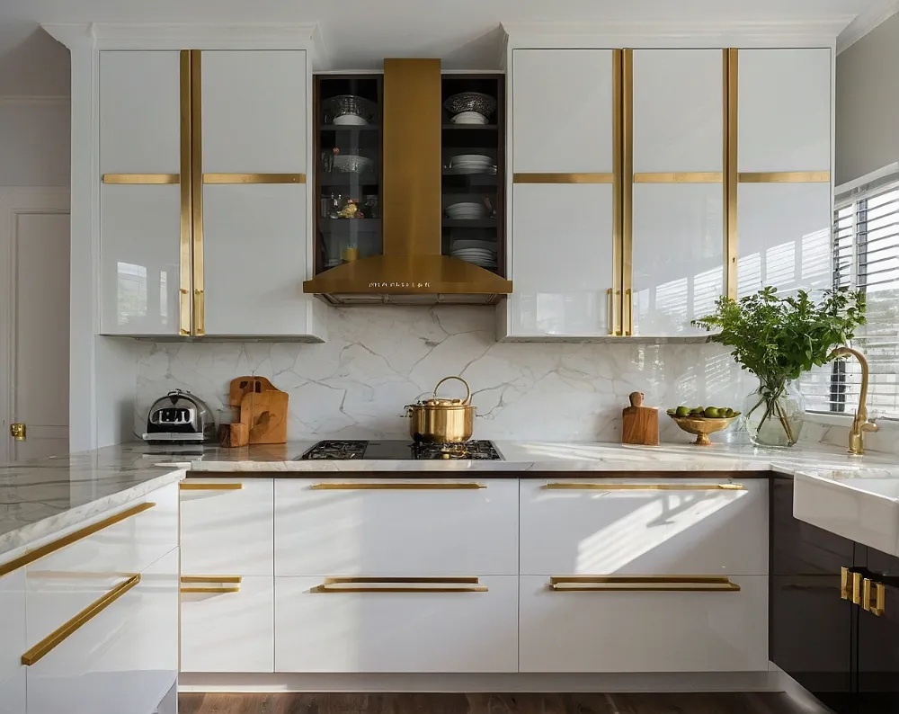 کابینت های گلاس سفید با دستگیره طلایی (3) کابینت های گلاس سفید با دستگیره طلایی