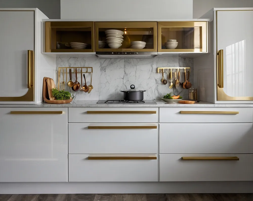 کابینت های گلاس سفید با دستگیره طلایی کابینت های گلاس سفید با دستگیره طلایی