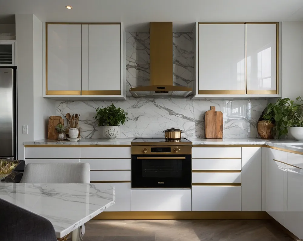 کابینت های گلاس سفید با نوار طلایی (2) کابینت های گلاس سفید با نوار طلایی