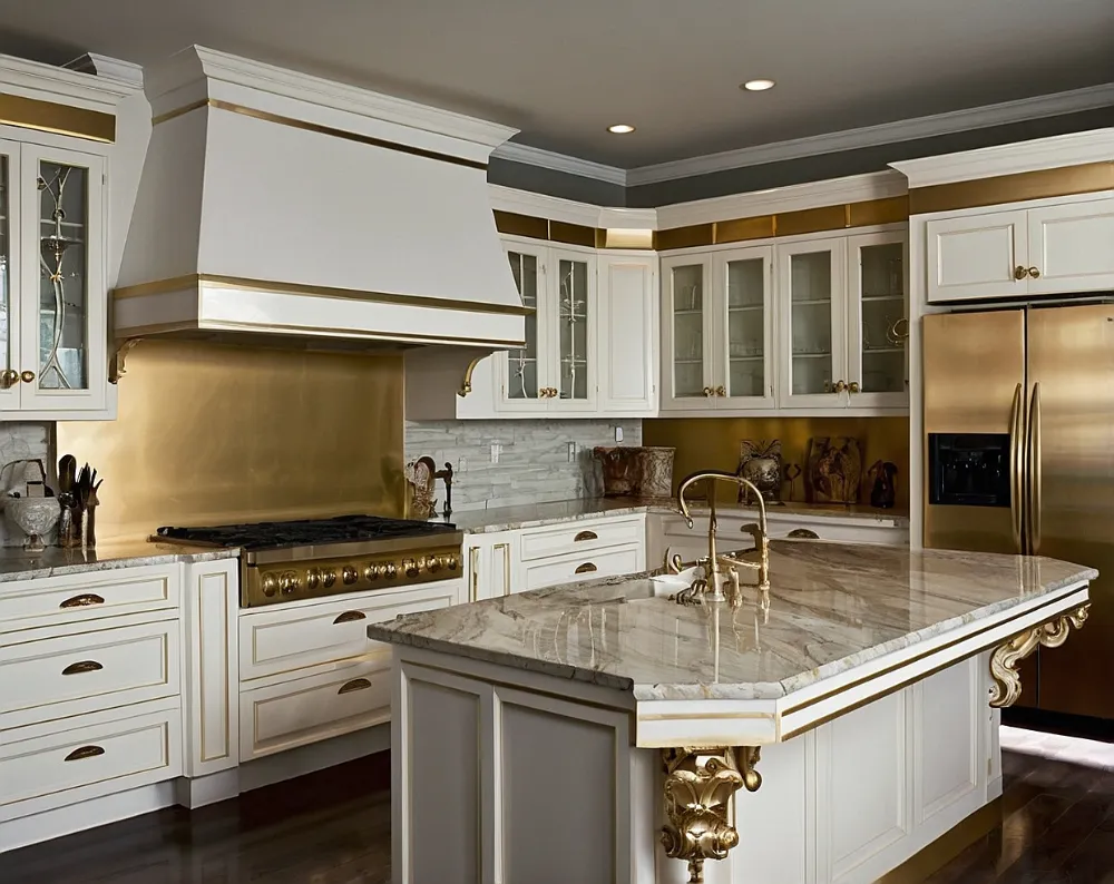 کابینت های گلاس سفید با نوار طلایی (3) کابینت های گلاس سفید با نوار طلایی