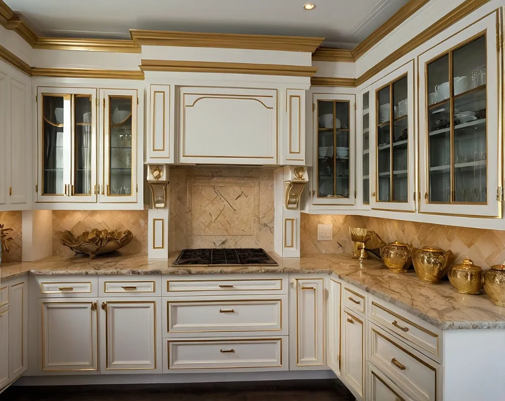 کابینت های گلاس سفید با نوار طلایی کابینت های گلاس سفید با نوار طلایی