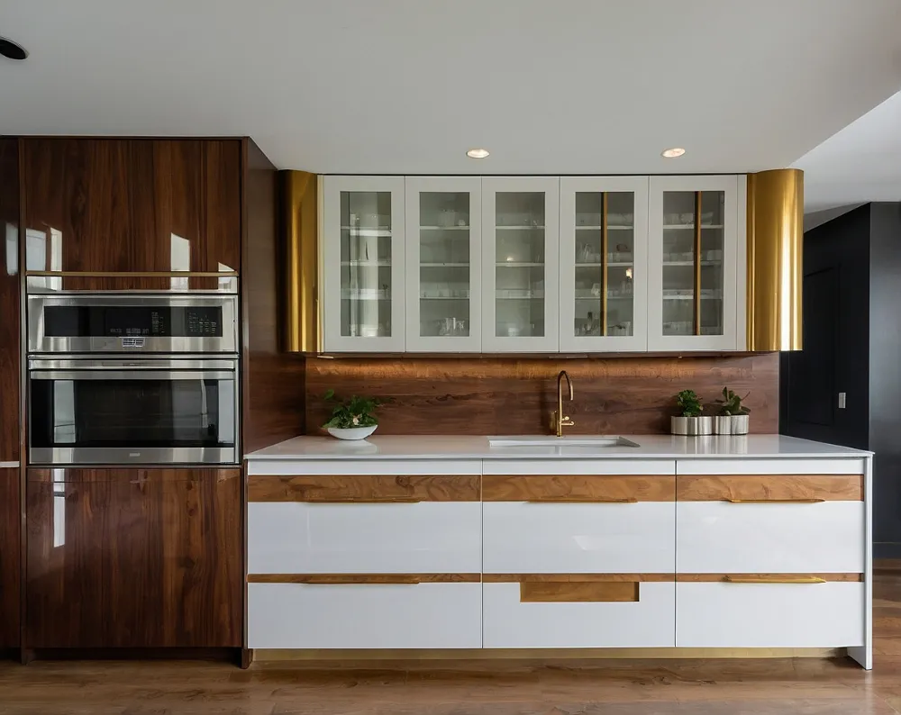 کابینت هایگلاس سفید طلایی با ترکیب چوب طبیعی (2) کابینت هایگلاس سفید طلایی با ترکیب چوب طبیعی