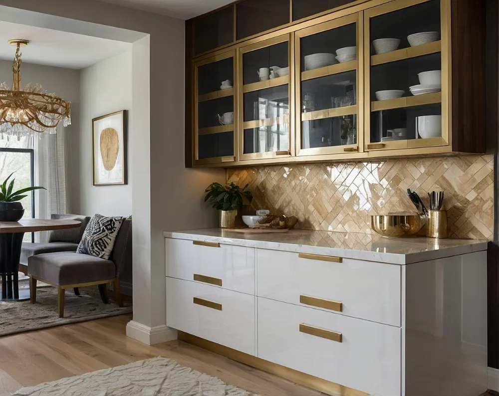 کابینت هایگلاس سفید طلایی با ترکیب چوب طبیعی (3) کابینت هایگلاس سفید طلایی با ترکیب چوب طبیعی