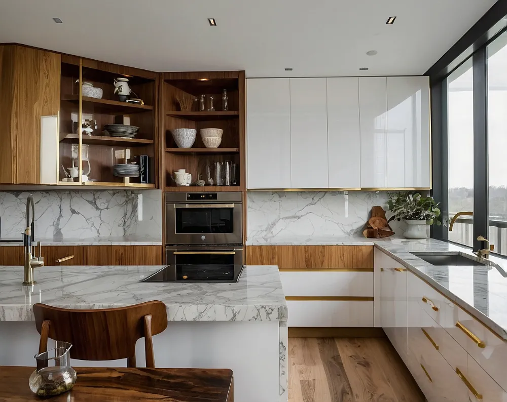 کابینت هایگلاس سفید طلایی با ترکیب چوب طبیعی کابینت هایگلاس سفید طلایی با ترکیب چوب طبیعی