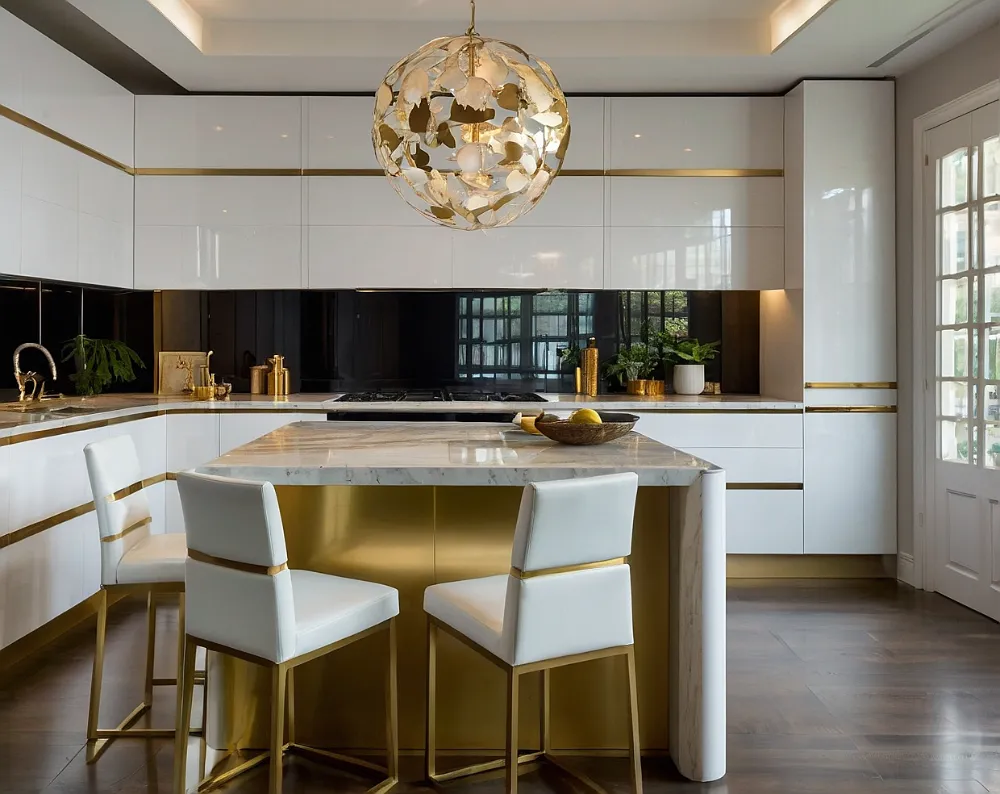 کابینت هایگلاس سفید طلایی با جزیره مرکزی (2) کابینت هایگلاس سفید طلایی با جزیره مرکزی