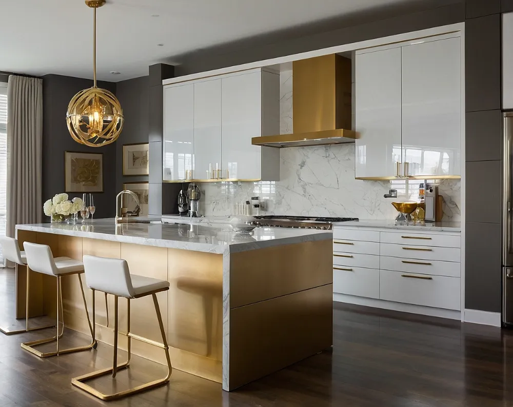 کابینت هایگلاس سفید طلایی با جزیره مرکزی (3) کابینت هایگلاس سفید طلایی با جزیره مرکزی