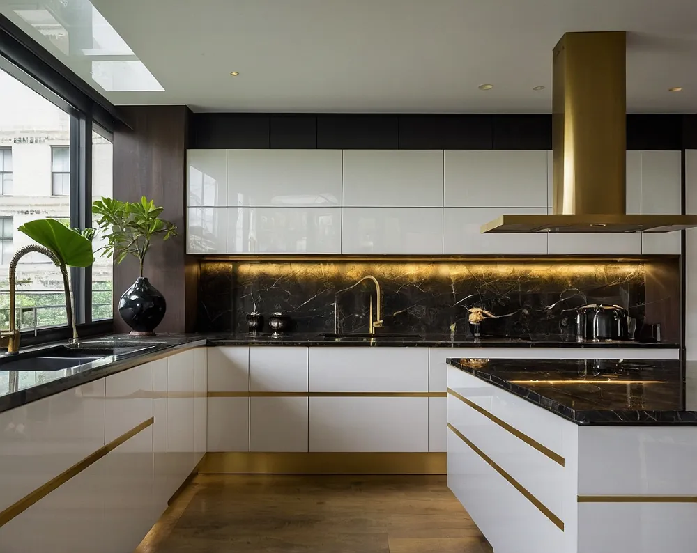 کابینت هایگلاس سفید طلایی با جزیره مرکزی (4) کابینت هایگلاس سفید طلایی با جزیره مرکزی