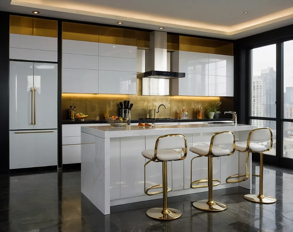 کابینت هایگلاس سفید طلایی با جزیره مرکزی کابینت هایگلاس سفید طلایی با جزیره مرکزی