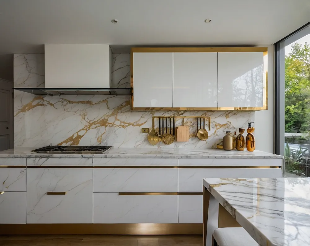 کابینت هایگلاس سفید طلایی با صفحه رویی مرمر (2) کابینت هایگلاس سفید طلایی با صفحه رویی مرمر