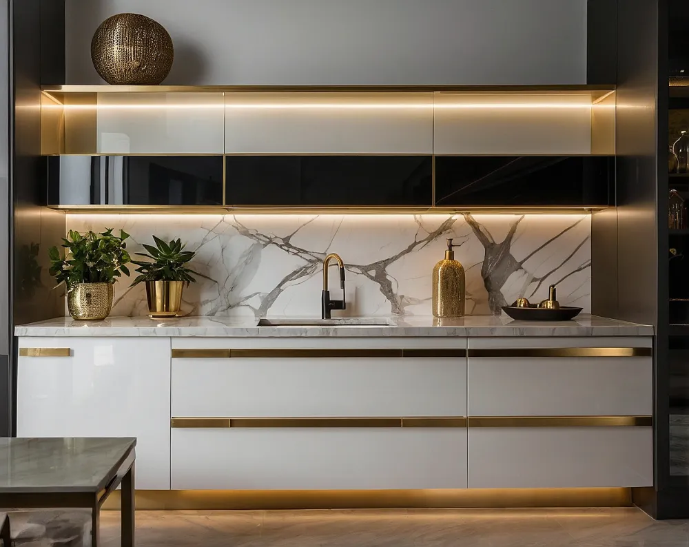 کابینت هایگلاس سفید طلایی با نورپردازی داخلی (2) کابینت هایگلاس سفید طلایی با نورپردازی داخلی