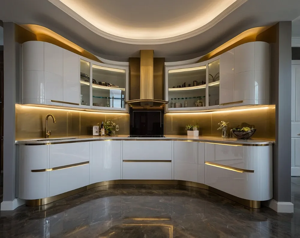 کابینت هایگلاس سفید طلایی با نورپردازی داخلی (3) کابینت هایگلاس سفید طلایی با نورپردازی داخلی