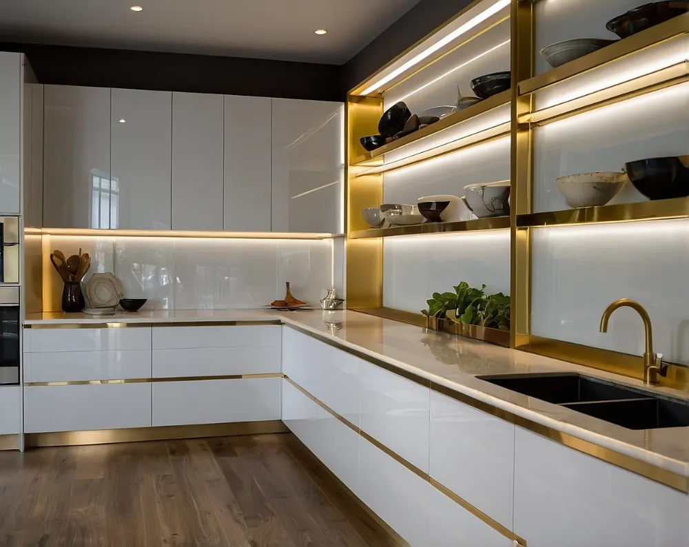 کابینت هایگلاس سفید طلایی با نورپردازی داخلی (4) کابینت هایگلاس سفید طلایی با نورپردازی داخلی