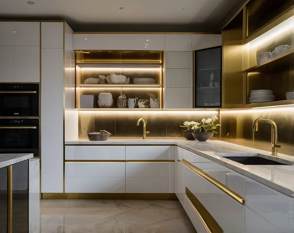 کابینت هایگلاس سفید طلایی با نورپردازی داخلی (5) کابینت هایگلاس سفید طلایی با نورپردازی داخلی