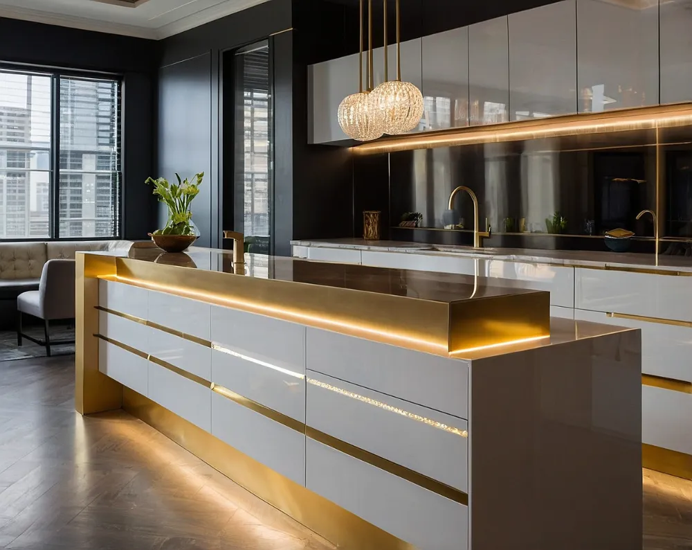 کابینت هایگلاس سفید طلایی با نورپردازی داخلی کابینت هایگلاس سفید طلایی با نورپردازی داخلی