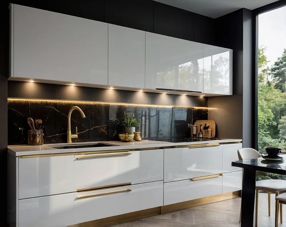 کابینت هایگلاس سفید طلایی بدون دستگیره (3) کابینت هایگلاس سفید طلایی بدون دستگیره