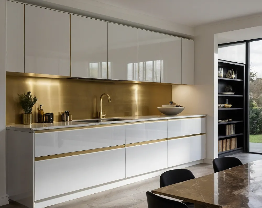 کابینت هایگلاس سفید طلایی بدون دستگیره (4) کابینت هایگلاس سفید طلایی بدون دستگیره