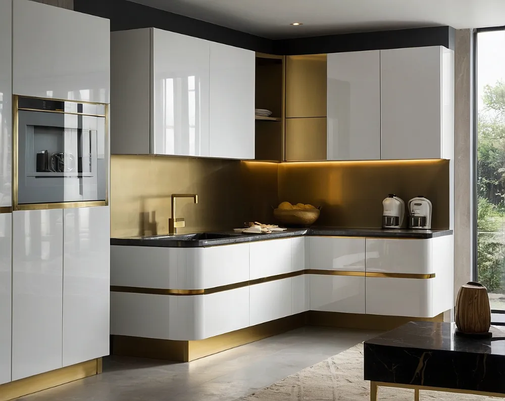 کابینت هایگلاس سفید طلایی بدون دستگیره کابینت هایگلاس سفید طلایی بدون دستگیره