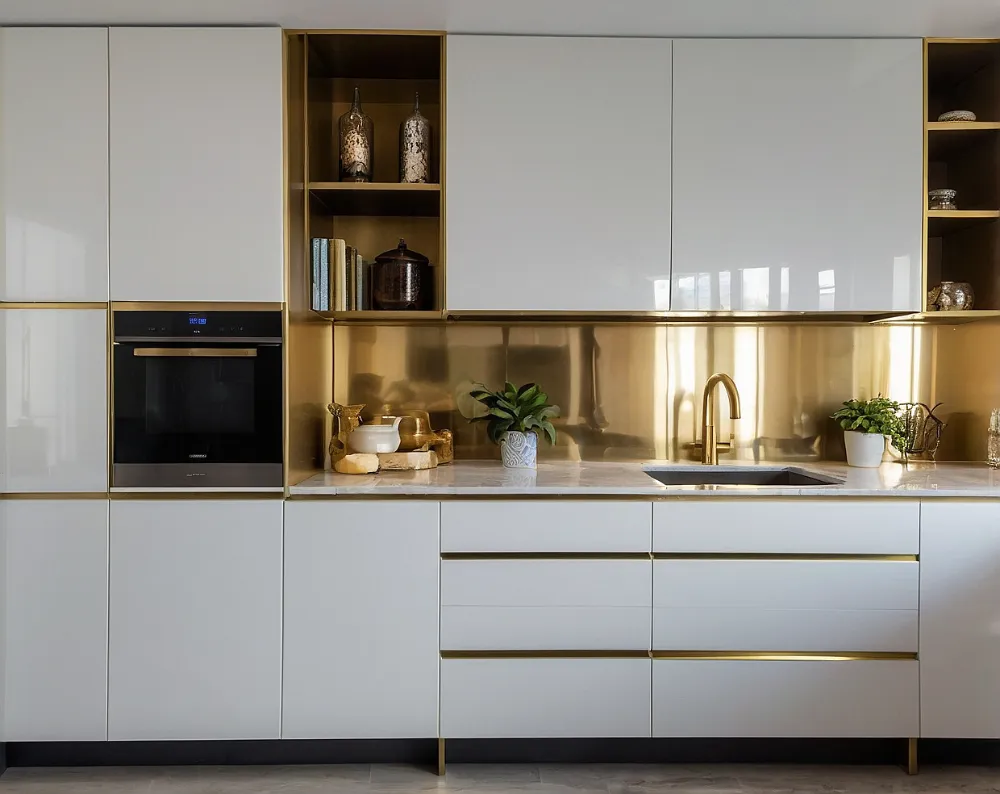 کابینت هایگلاس سفید طلایی کابینت هایگلاس سفید طلایی