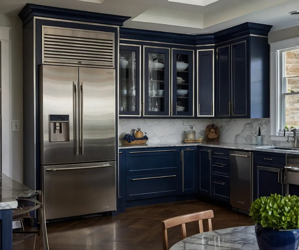 کابینت آبی تیره با یخچال استیل (2) کابینت آبی تیره با یخچال استیل