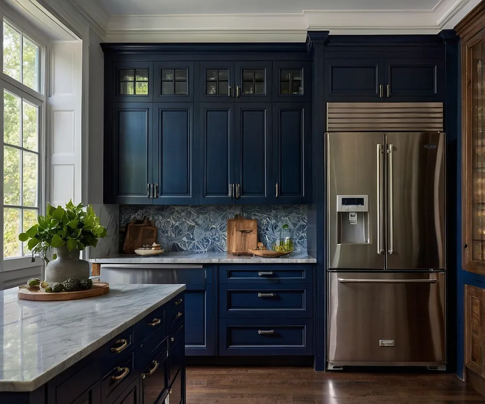 کابینت آبی تیره با یخچال استیل (3) کابینت آبی تیره با یخچال استیل