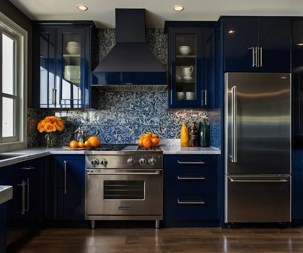 کابینت آبی تیره با یخچال استیل (4) کابینت آبی تیره با یخچال استیل