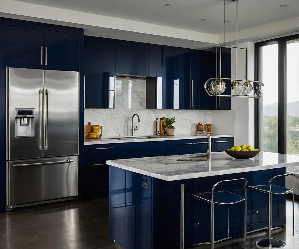 کابینت آبی تیره با یخچال استیل کابینت آبی تیره با یخچال استیل