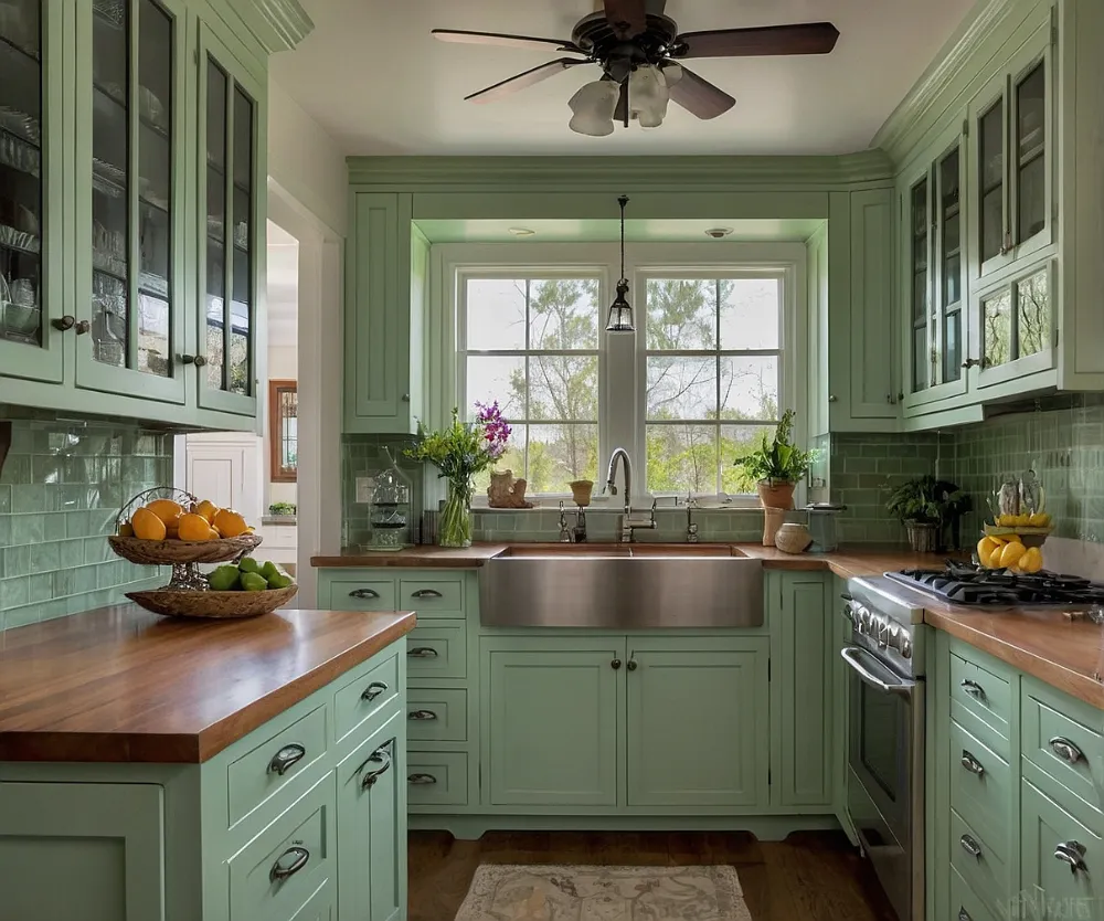 کابینت آشپزخانه دو طرفه سبز پاستیلی کابینت آشپزخانه دو طرفه سبز پاستیلی